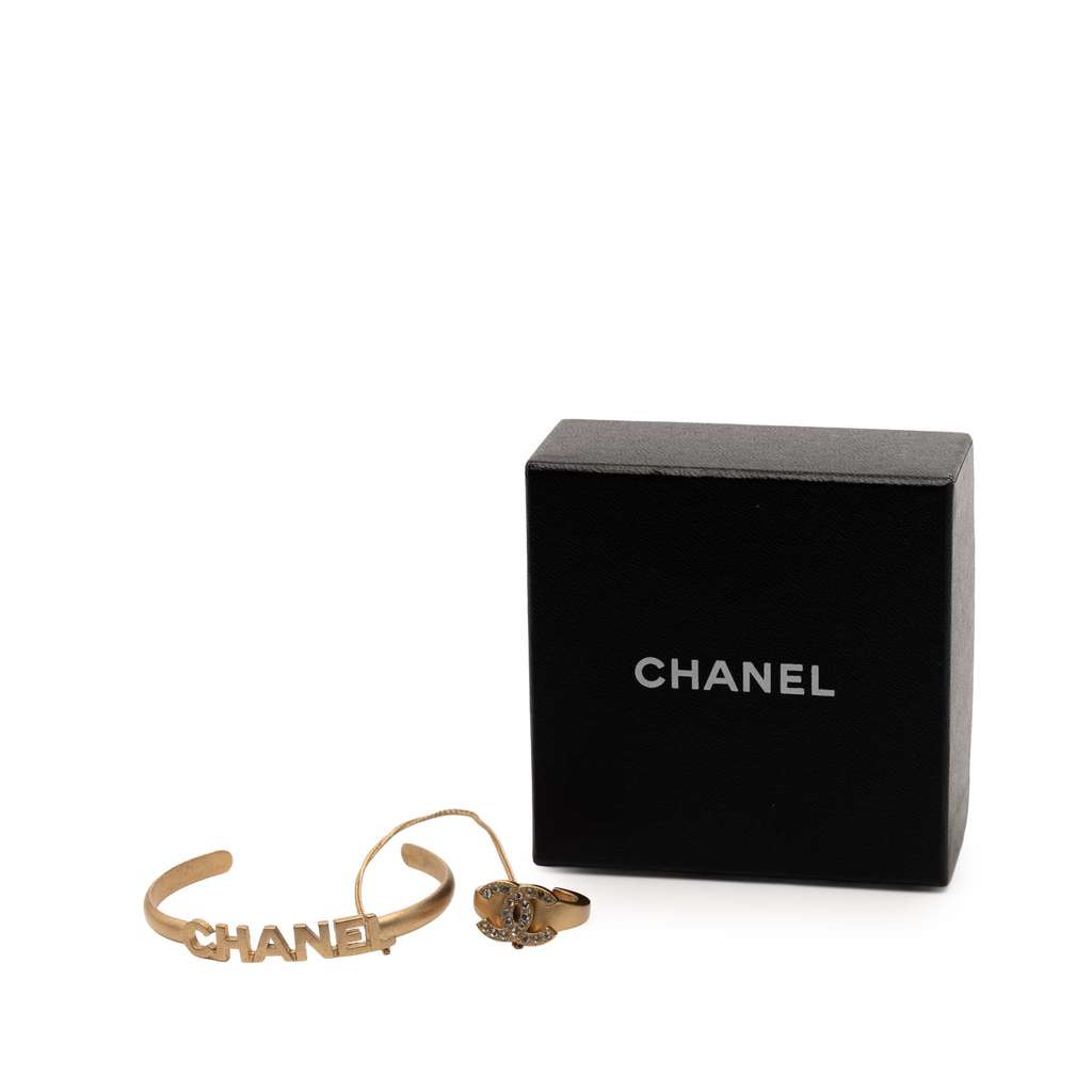 Chanel Gold Plated CC Rhinestone and Logo Cuff Bracelet and Ring Set - 5