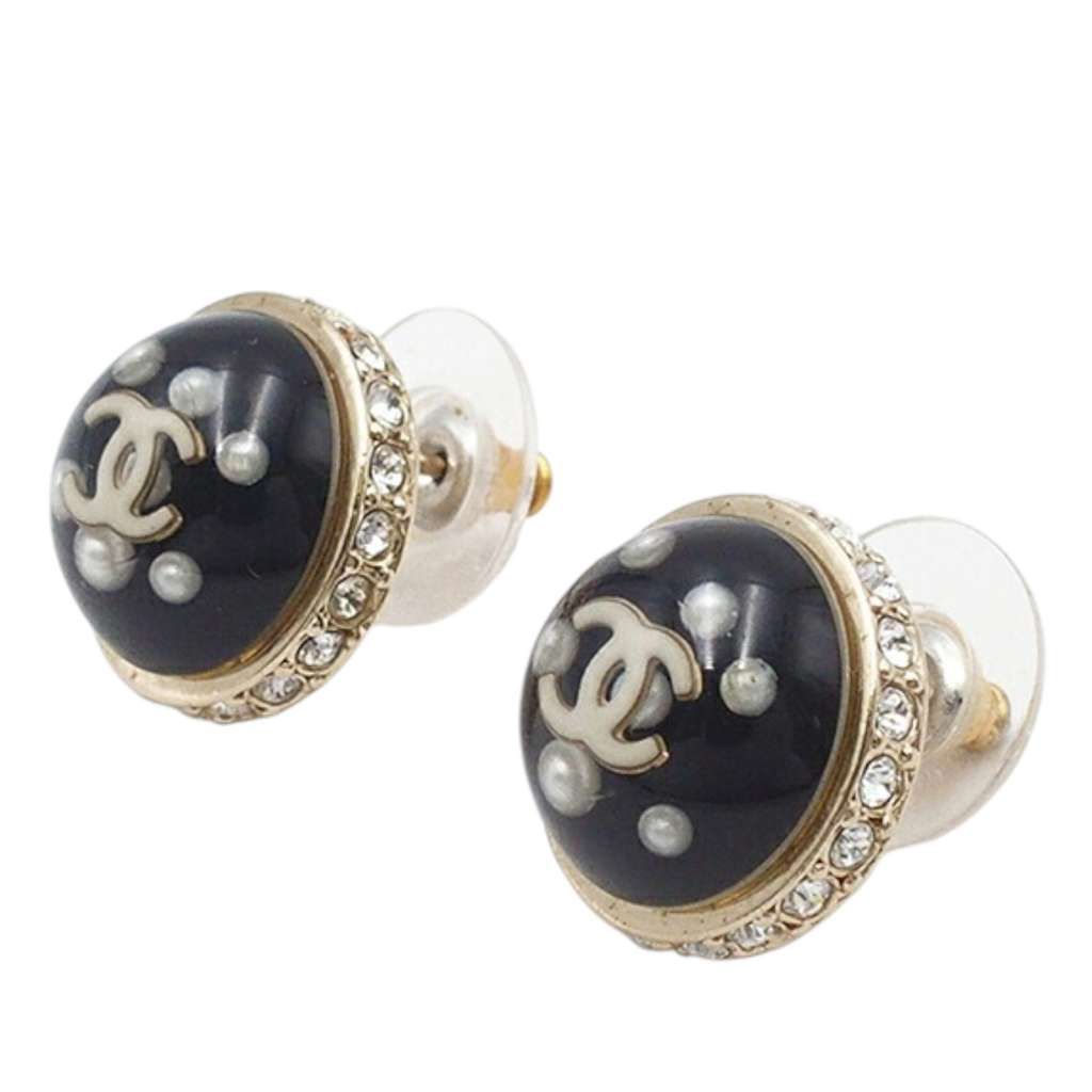 Chanel Gold Plated CC Resin Faux Pearl Crystal Dome Bullet Back Earrings - 2