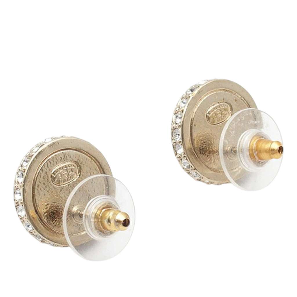 Chanel Gold Plated CC Resin Faux Pearl Crystal Dome Bullet Back Earrings - 3