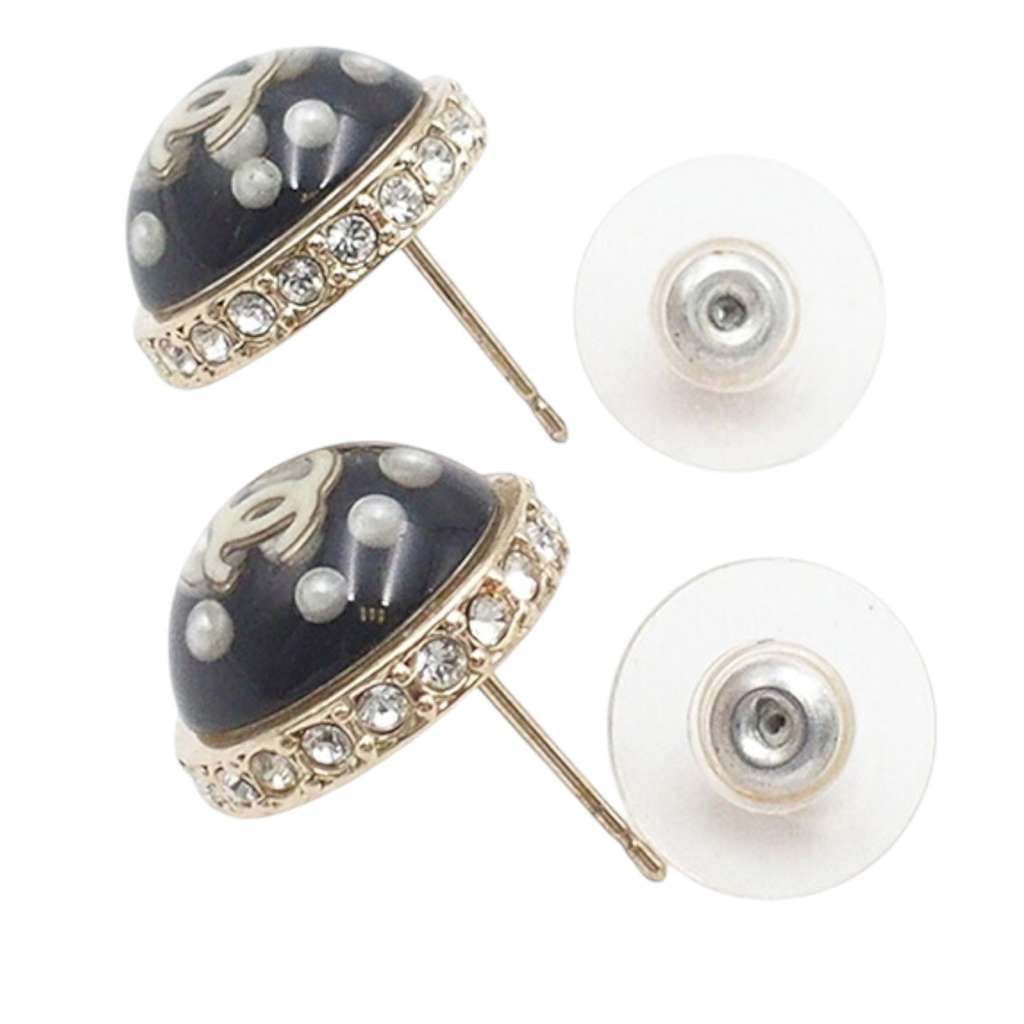 Chanel Gold Plated CC Resin Faux Pearl Crystal Dome Bullet Back Earrings - 4