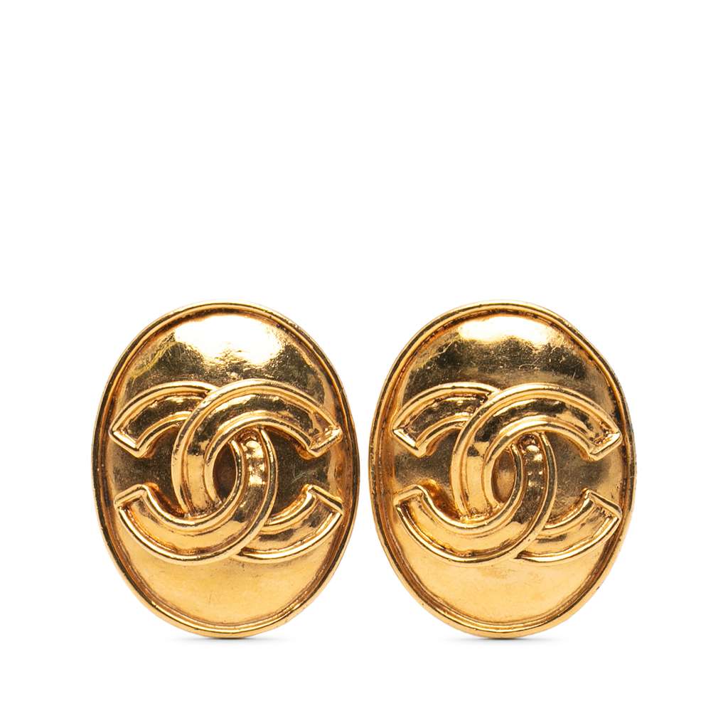 Chanel Gold Plated CC Oval Clip On Earrings