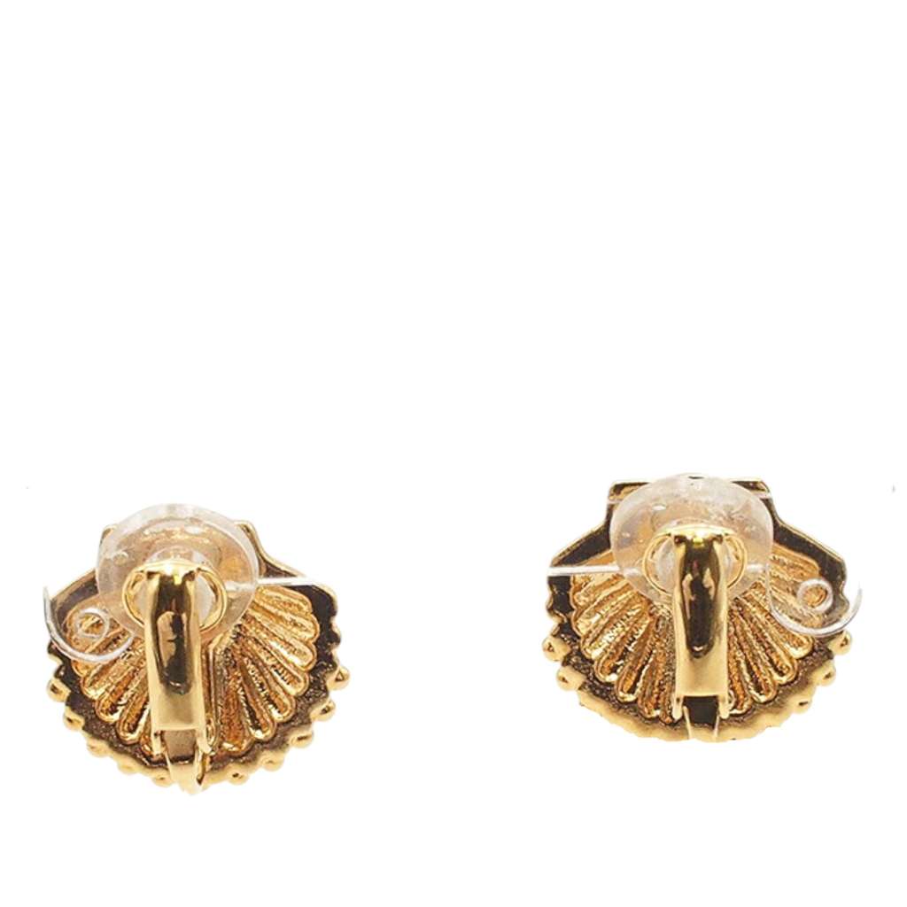 Chanel CC Gold Plated Rhinestone Shell Clip On Earrings - 2