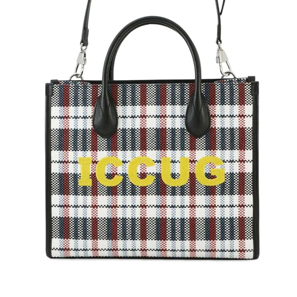 Gucci Freya Hartas Canvas ICCUG Logo Embroidered Plaid Tote Brown Canvas Good - Front View