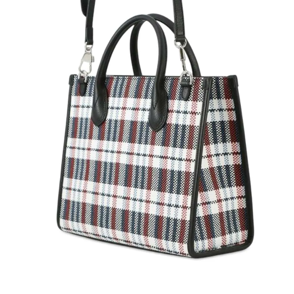Gucci Freya Hartas Canvas ICCUG Logo Embroidered Plaid Tote Brown Canvas Good - Back View