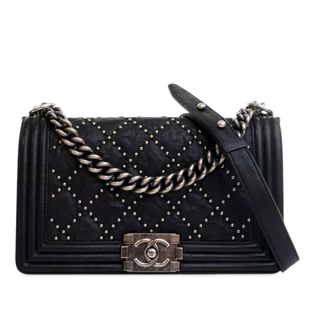 Chanel Old Medium Quilted Crumpled Calfskin Studded Boy Flap