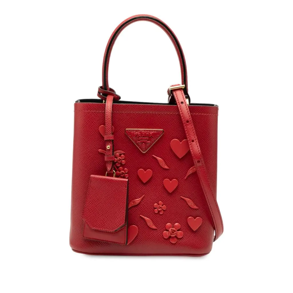 Prada Small Embellished Saffiano Cuir Panier Satchel Red Leather Good - Front View