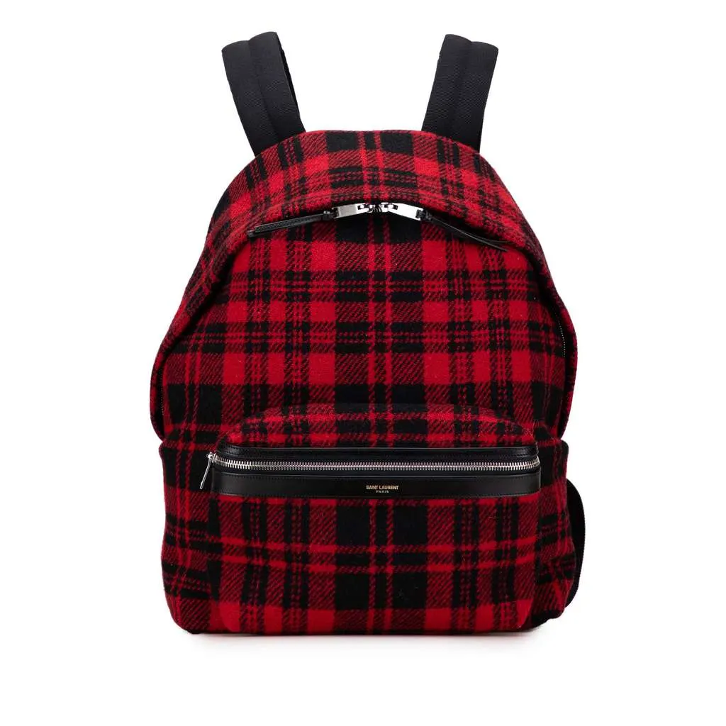 Saint Laurent Wool Tartan City Backpack Red Wool Good - Front View