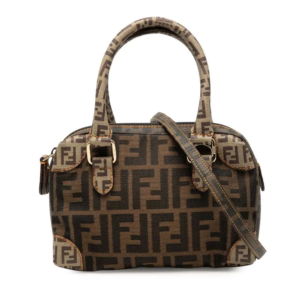 Fendi Zucchino Trimmed Zucca Canvas Boston Brown Canvas Good - Front View