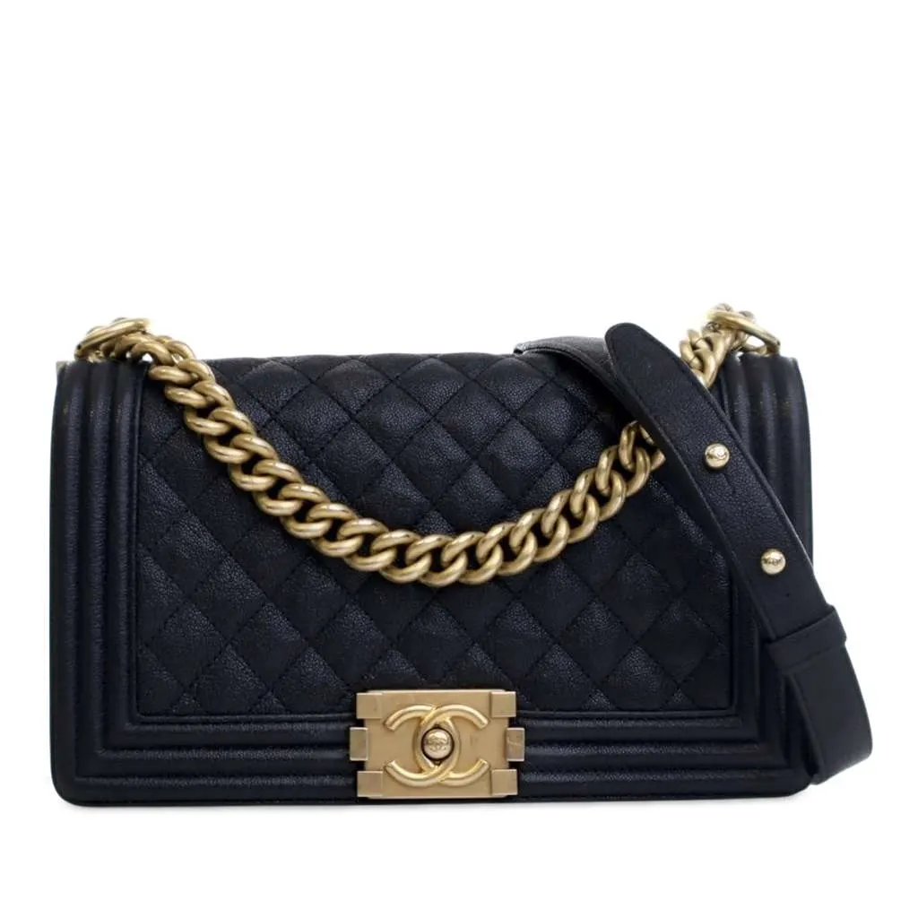 Chanel Old Medium Quilted Caviar Boy Flap Blue Leather Good - Front View