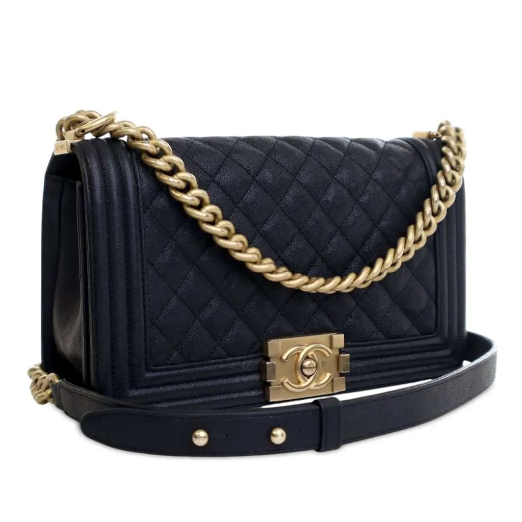 Chanel Old Medium Quilted Caviar Boy Flap Blue Leather Good - Back View