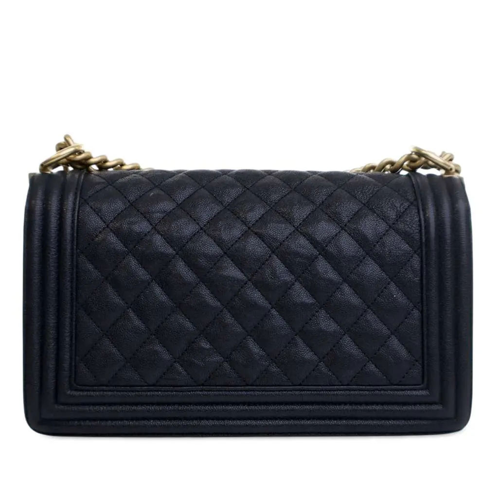 Chanel Old Medium Quilted Caviar Boy Flap Blue Leather Good - Inside View