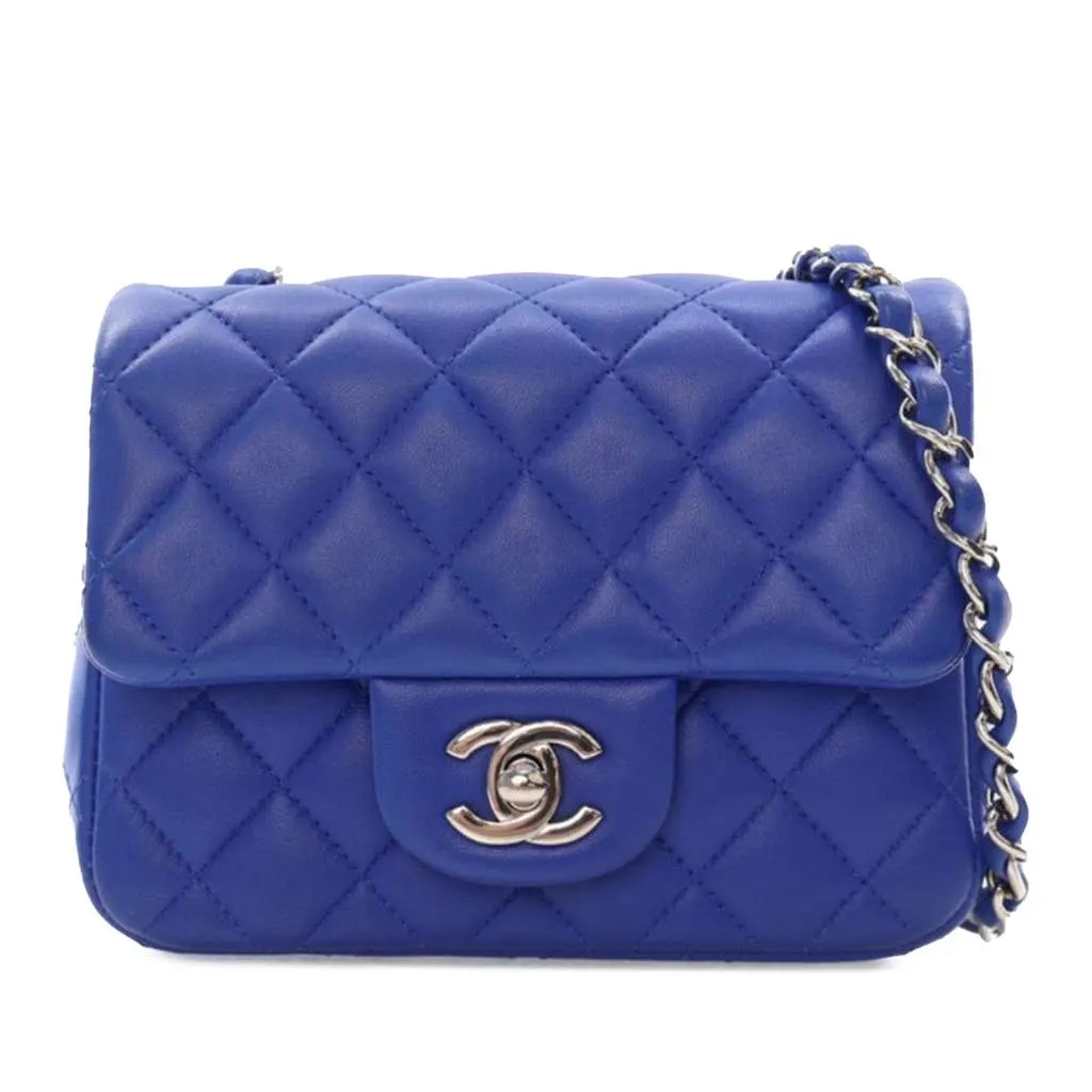 Chanel Mini Square Classic Lambskin Single Flap Blue Leather Good - Front View