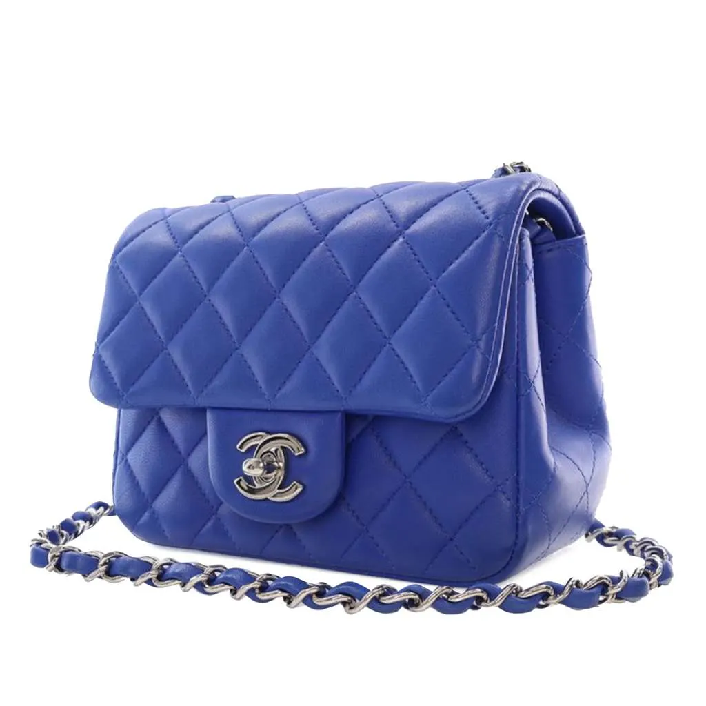 Chanel Mini Square Classic Lambskin Single Flap Blue Leather Good - Back View