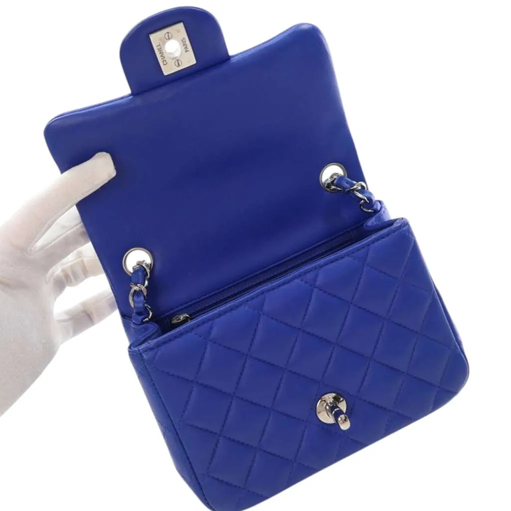 Chanel Mini Square Classic Lambskin Single Flap Blue Leather Good - Box View