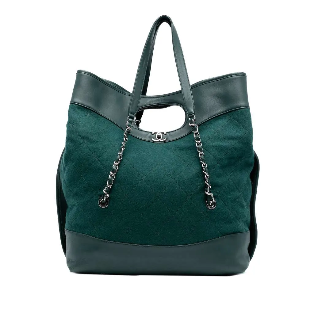 Chanel Extra Large Stitched Wool and Calfskin 31 Shopping Bag Green Wool Good - Front View