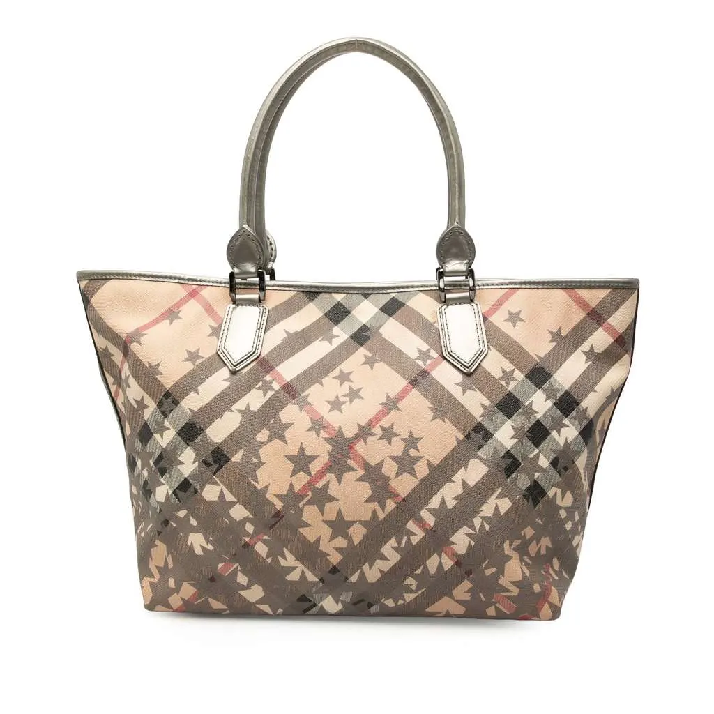 Burberry Large Supernova Check Coated Canvas Star Nickie Tote Brown Canvas Good - Front View