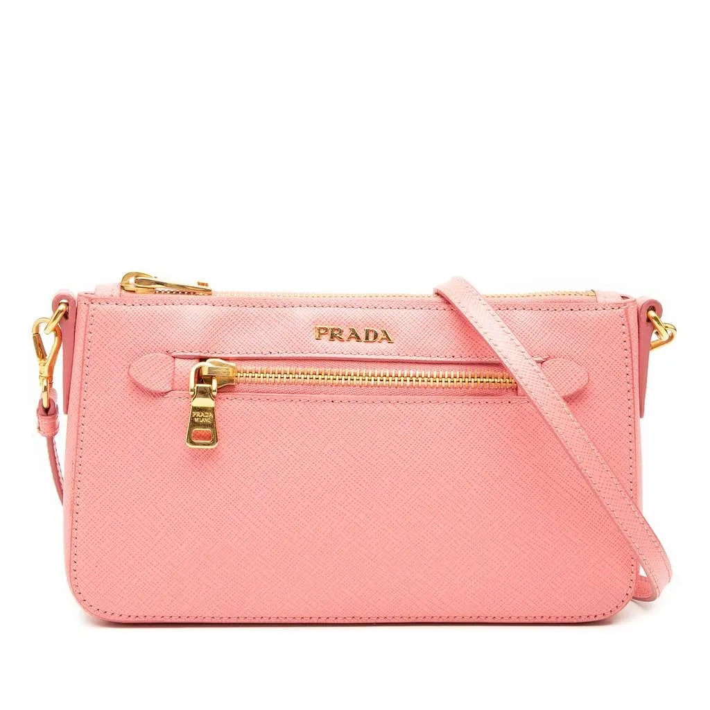 Prada Saffiano Lux Front Pocket Crossbody Pink Leather Good - Front View
