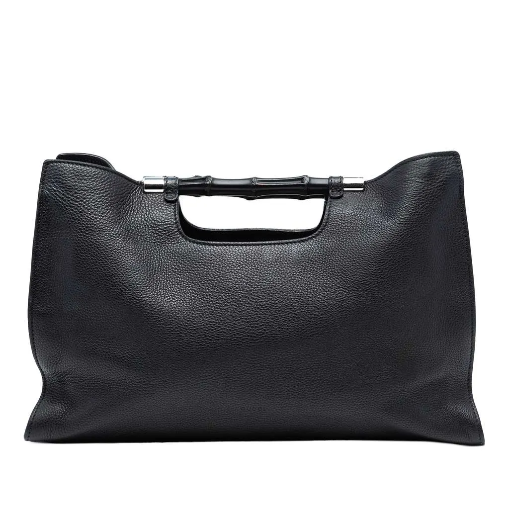 Gucci Medium Calfskin Bamboo Daily Shopper Satchel Black Leather Very good - Front View