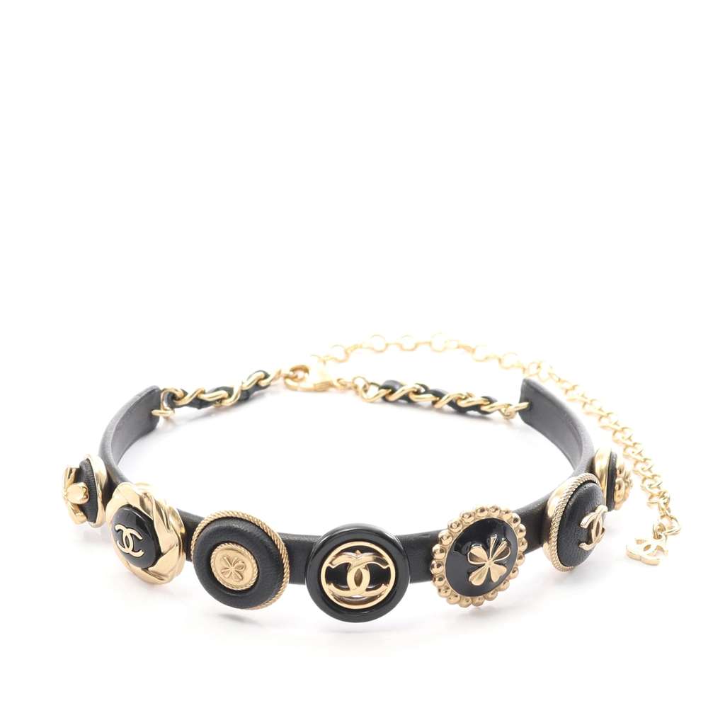 Chanel Gold Plated Leather Lucky Charms Choker Necklace