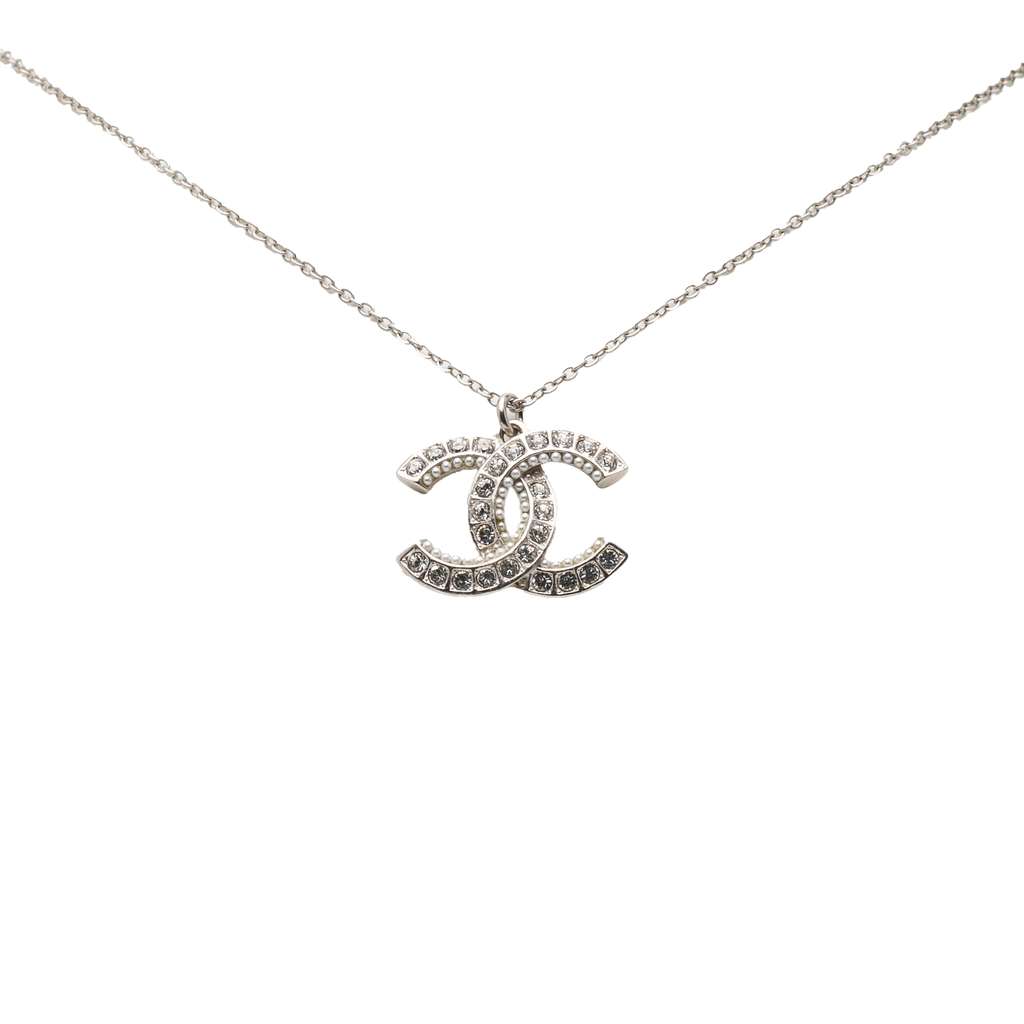 Chanel Silver Plated CC Rhinestones Pendant Necklace