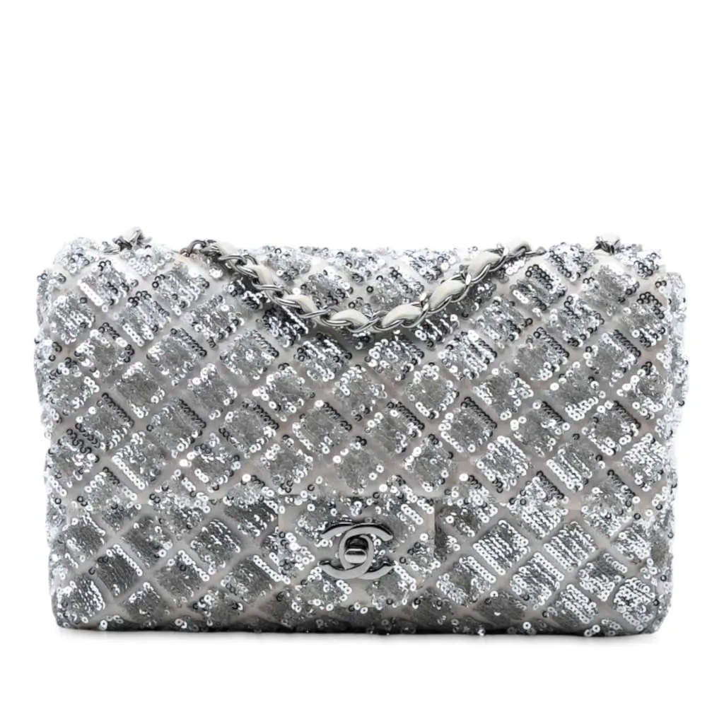 Chanel Medium Classic Satin and Sequin Single Flap Silver Satin Good - Front View