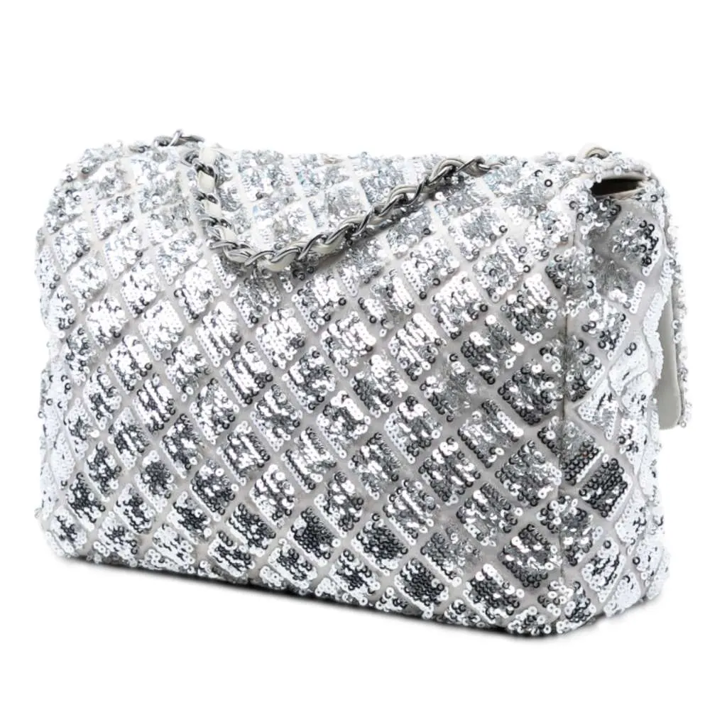 Chanel Medium Classic Satin and Sequin Single Flap Silver Satin Good - Back View