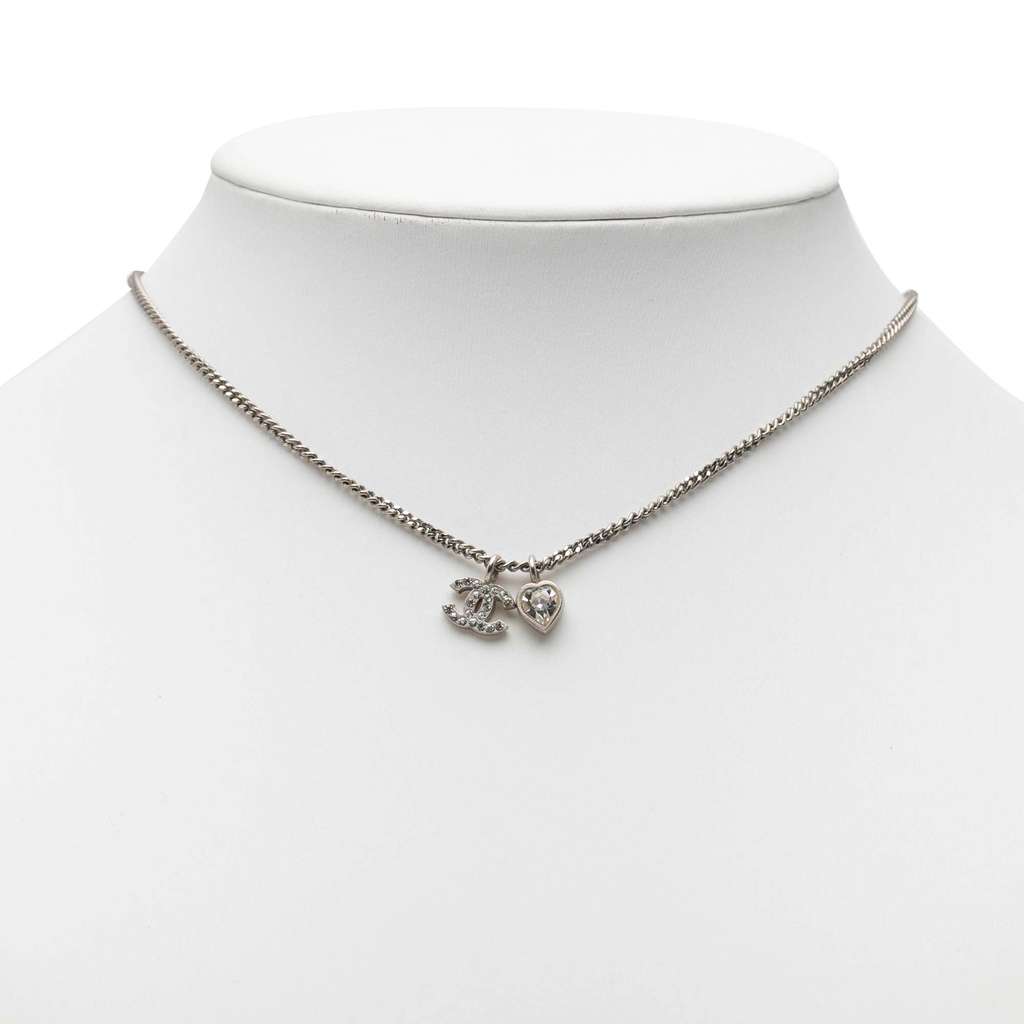 Chanel Silver Plated CC Rhinestone and Heart Pendant Necklace - 5