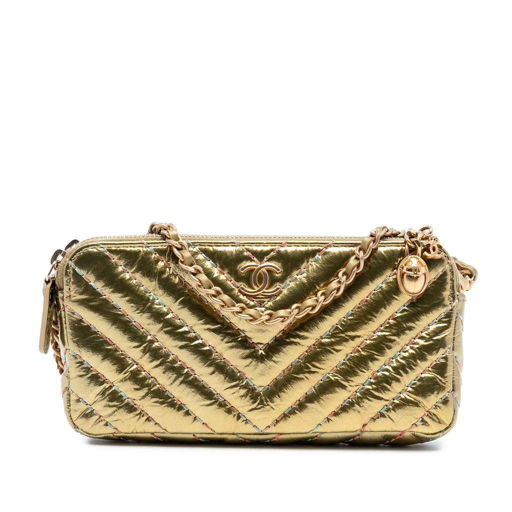 Chanel CC Chevron Metallic Lambskin Double Zip Wallet on Chain