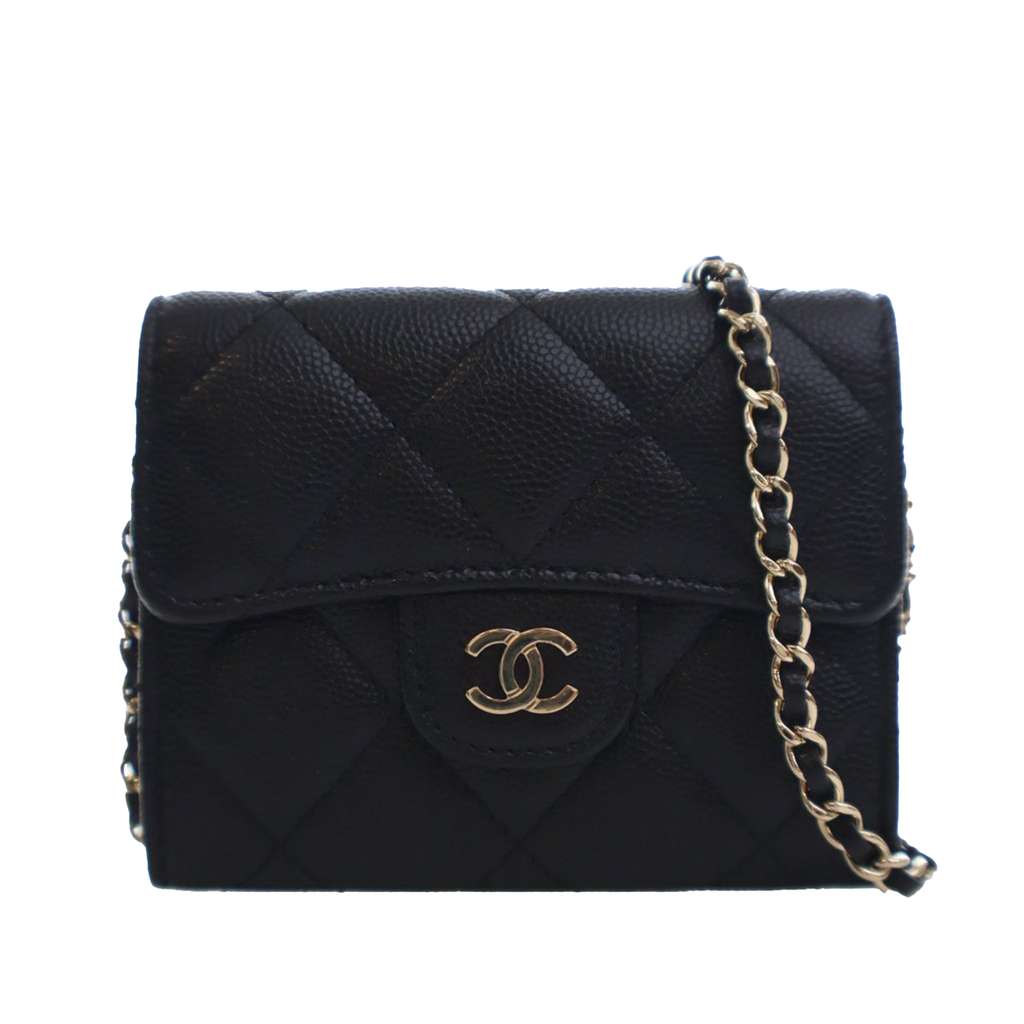 Chanel CC Quilted Caviar Flap Card Holder On Chain