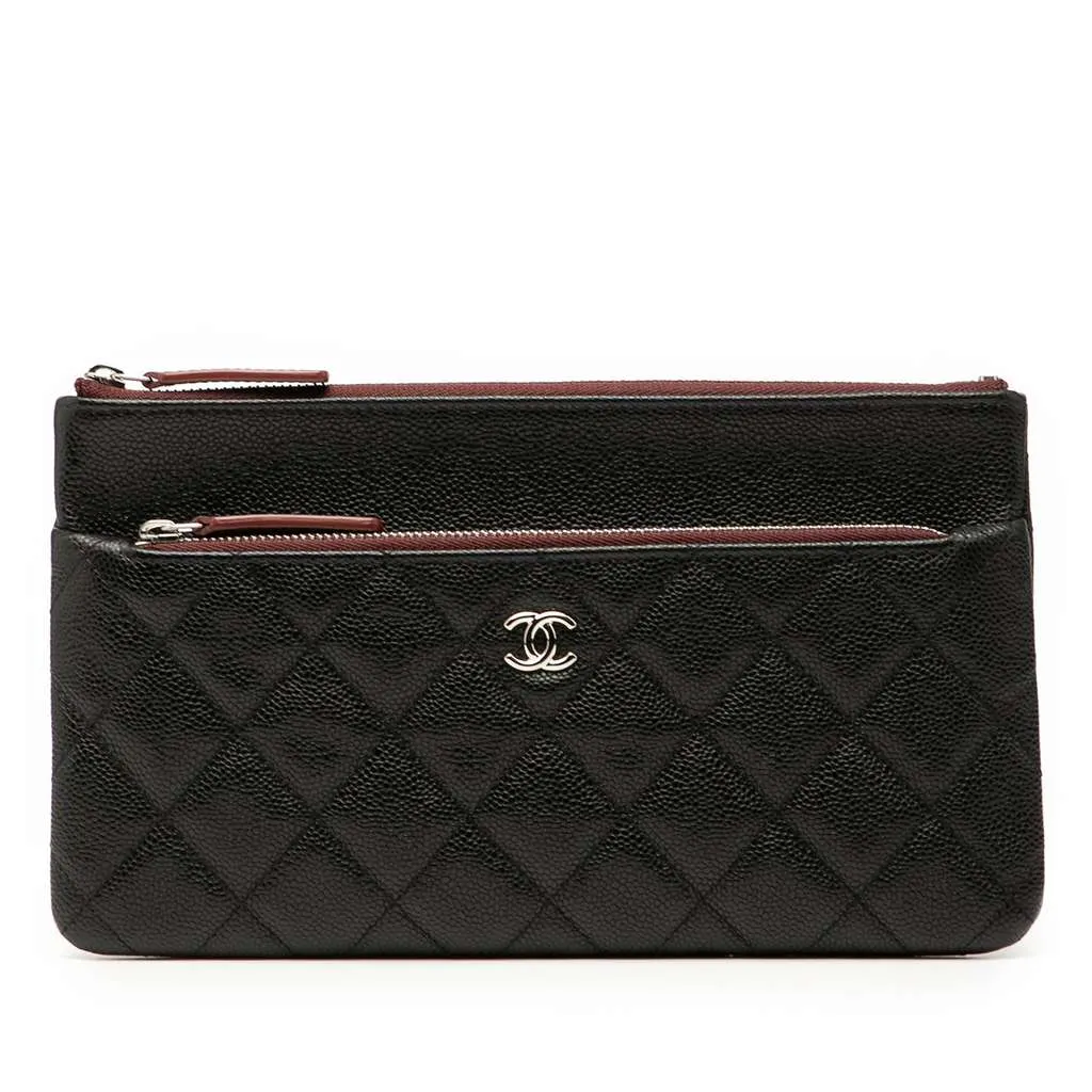 Chanel Quilted Caviar Double Zip Cosmetic Case Black Leather Good - Front View