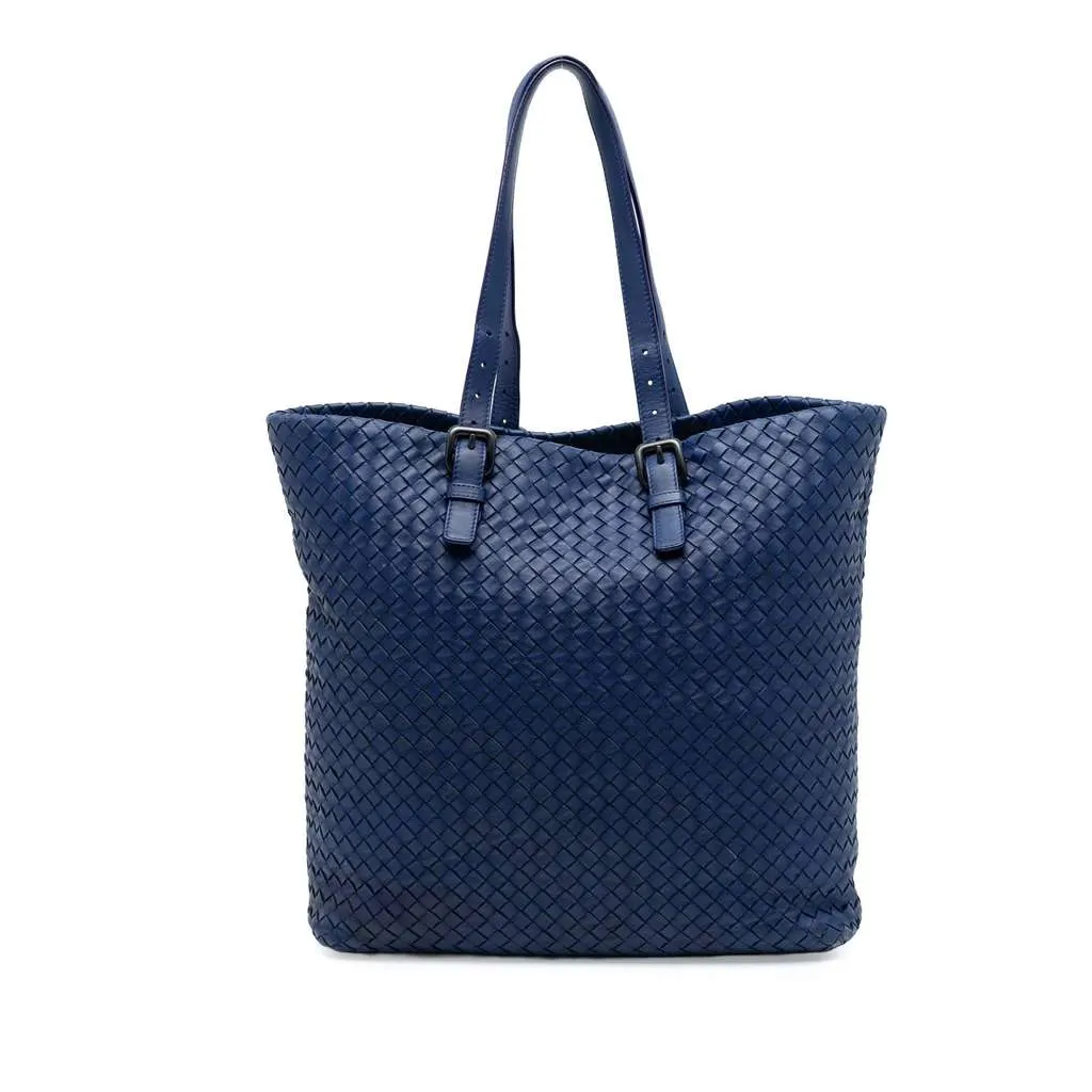 Bottega Veneta Nappa Intrecciato Belt Strap Tote Blue Leather Good - Front View