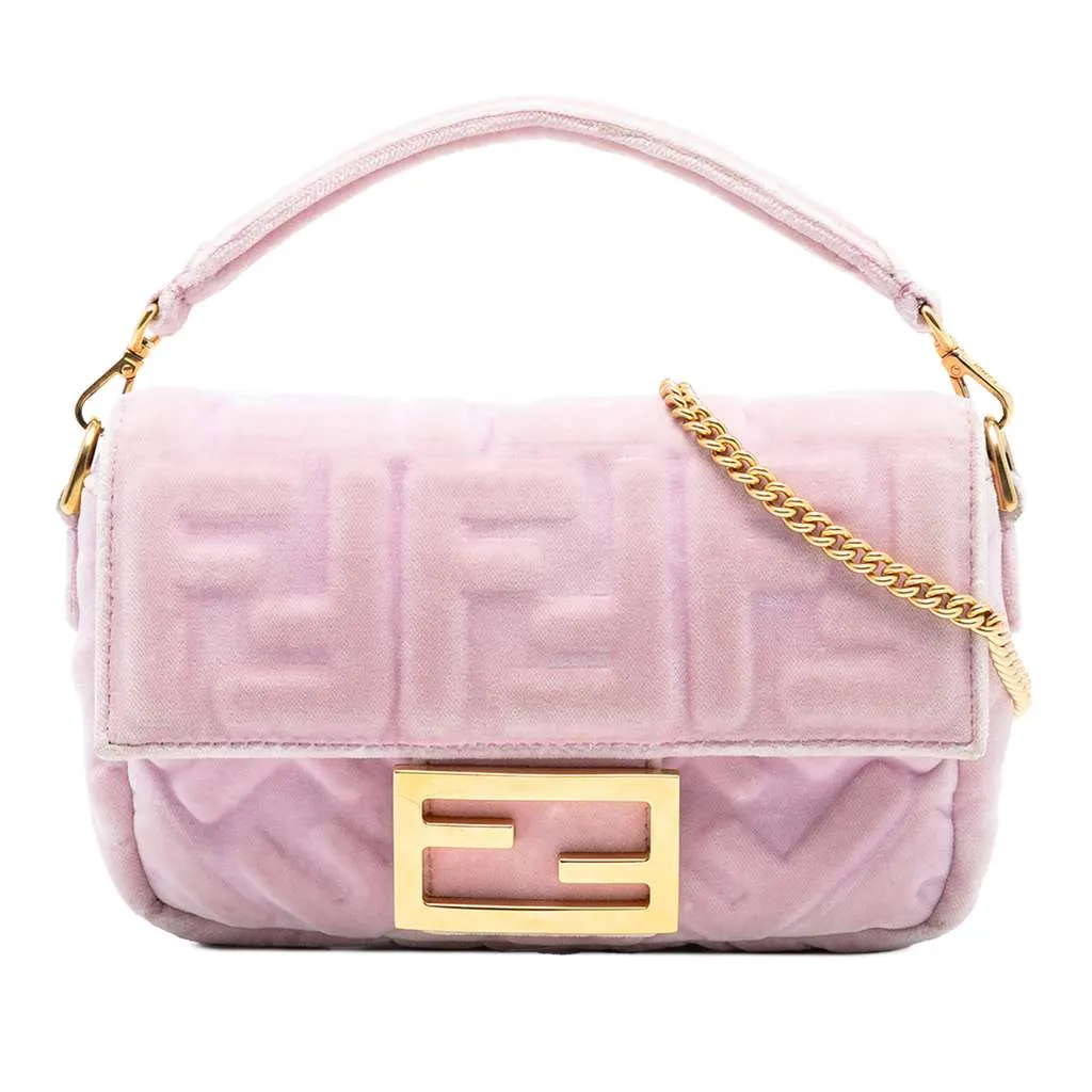 Fendi Mini Zucca Embossed Velvet Baguette Satchel Pink Velvet Very good - Front View