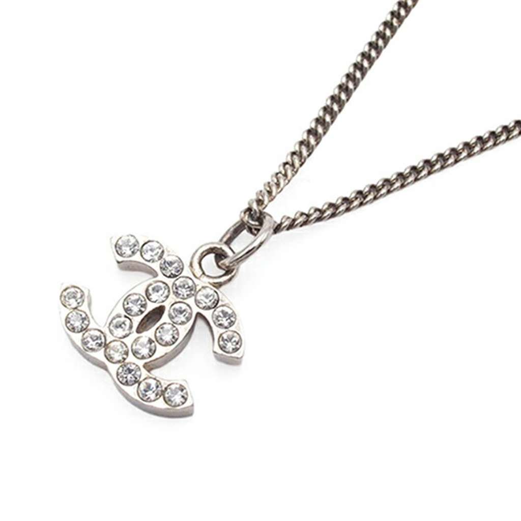 Chanel CC Silver Rhinestones Pendant Necklace - 3