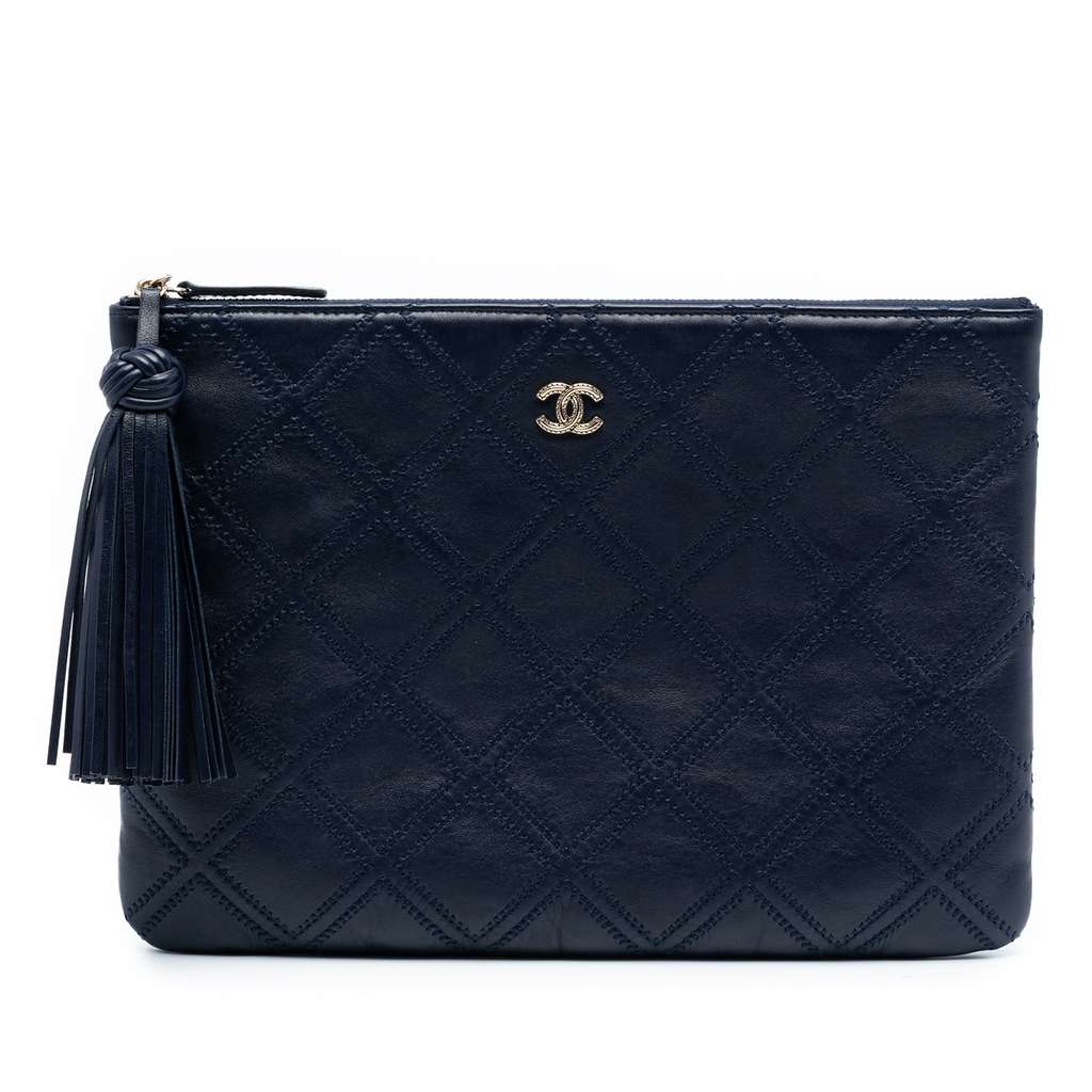 Chanel Medium Quilted Lambskin Double Stitch Tassel O Case Clutch