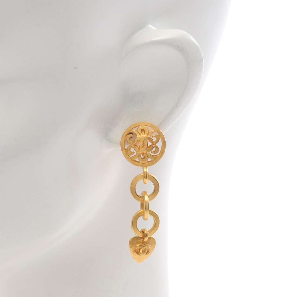 Chanel Gold Plated CC Heart Drop Clip On Earrings - 4