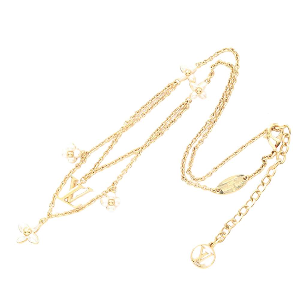 Louis Vuitton Gold Plated Faux Pearl LV Floragram Necklace