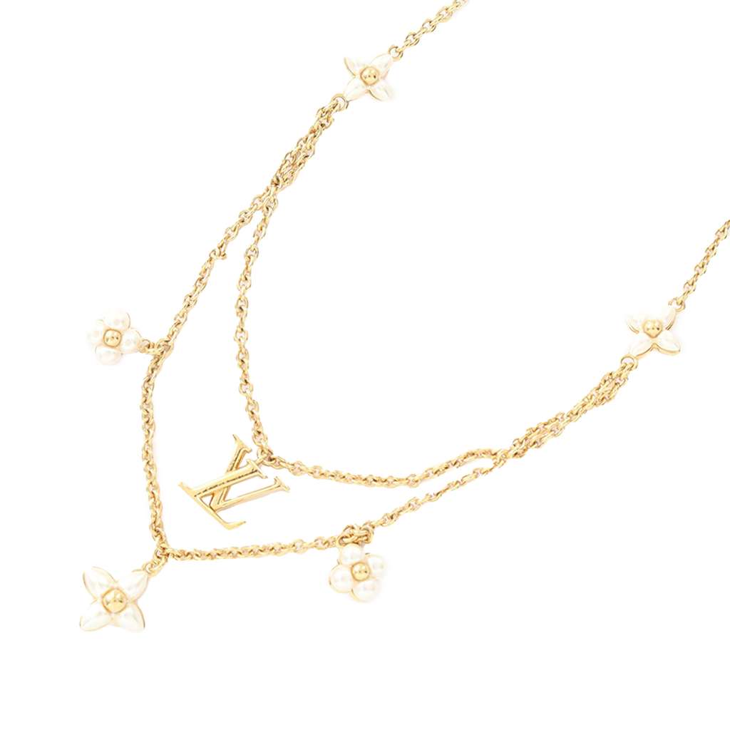 Louis Vuitton Gold Plated Faux Pearl LV Floragram Necklace - 2