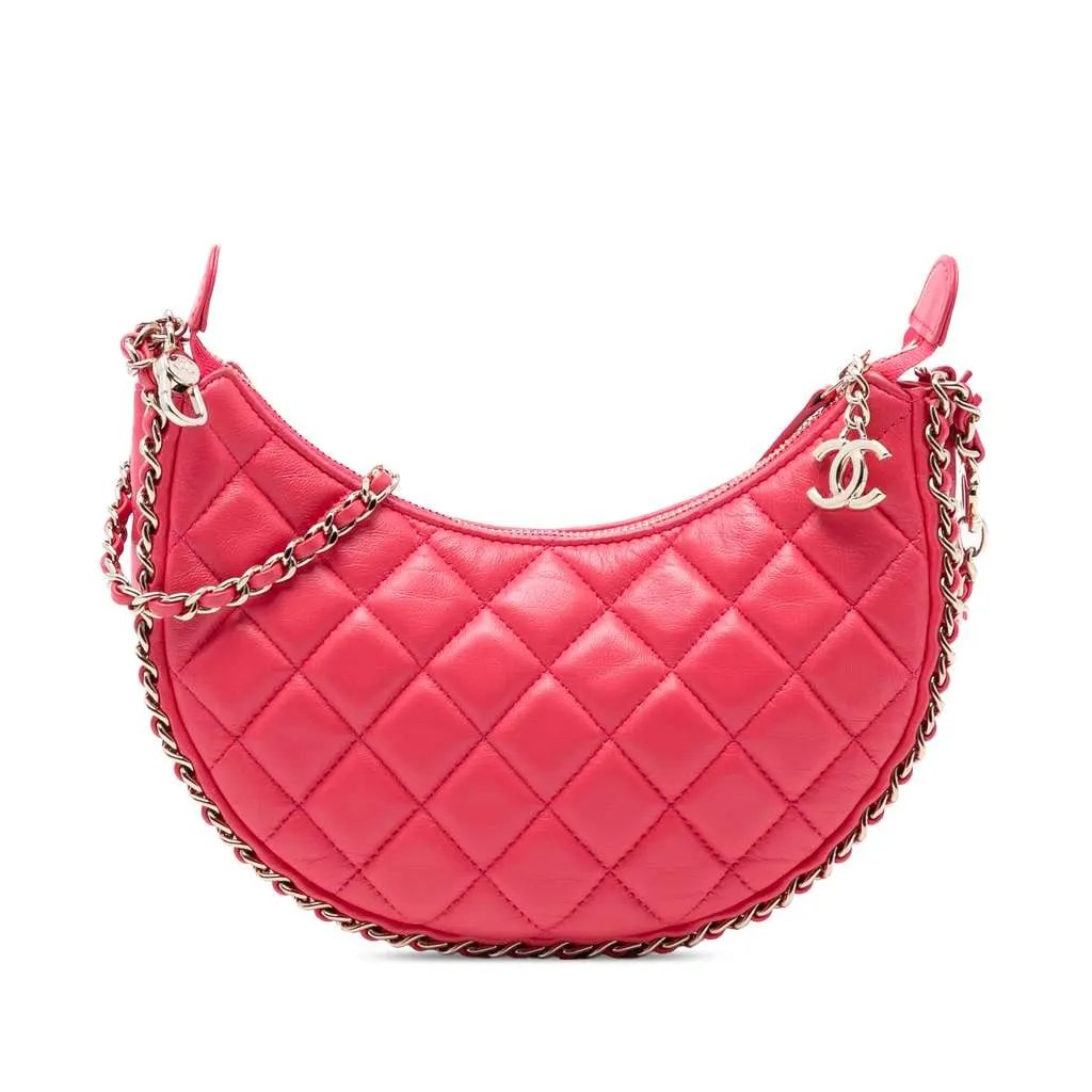 Chanel Small Quilted Lambskin Chain Around Hook Hobo Bag Pink Leather Good - Front View