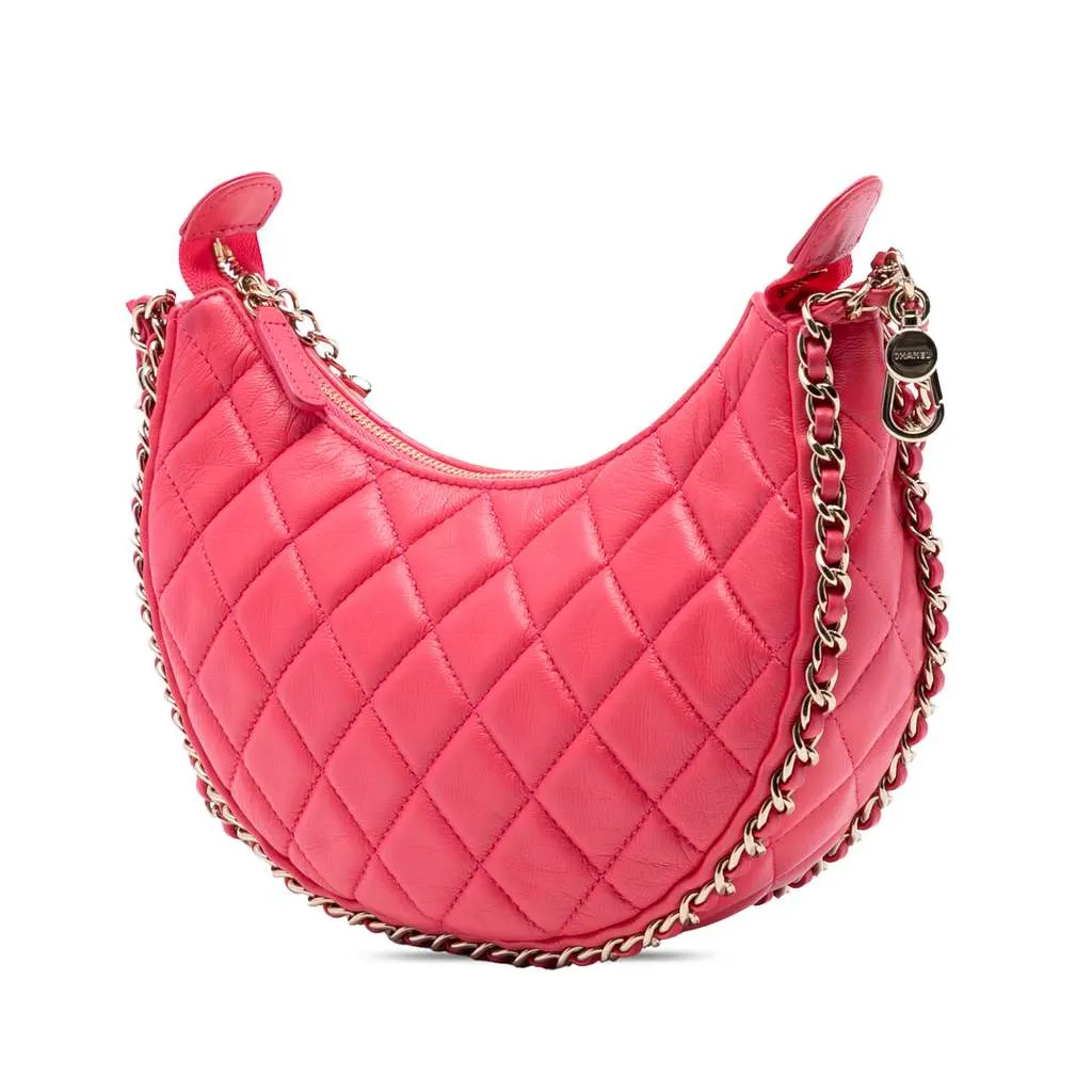 Chanel Small Quilted Lambskin Chain Around Hook Hobo Bag Pink Leather Good - Back View
