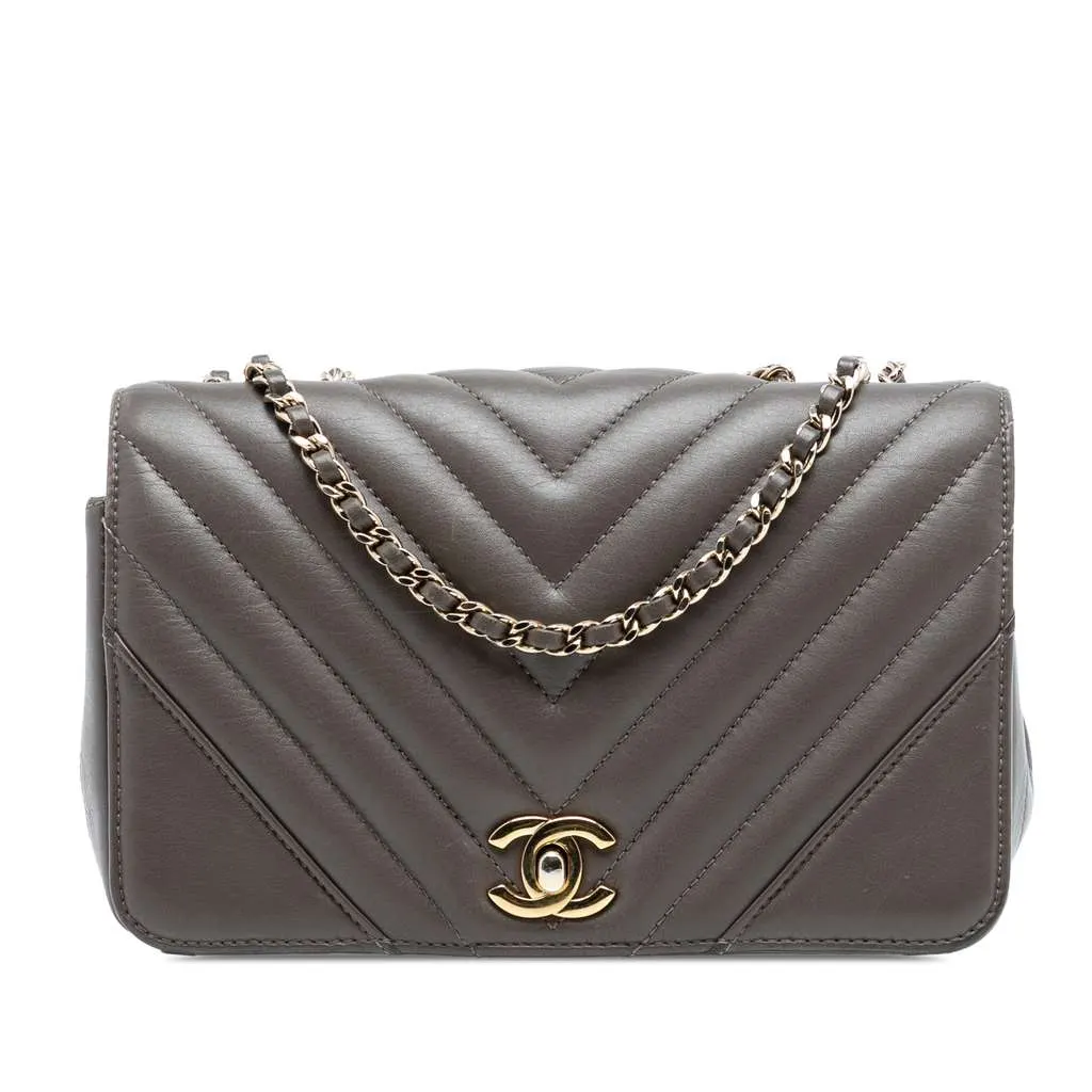 Chanel Small Chevron Lambskin Statement Flap Brown Leather Good - Front View