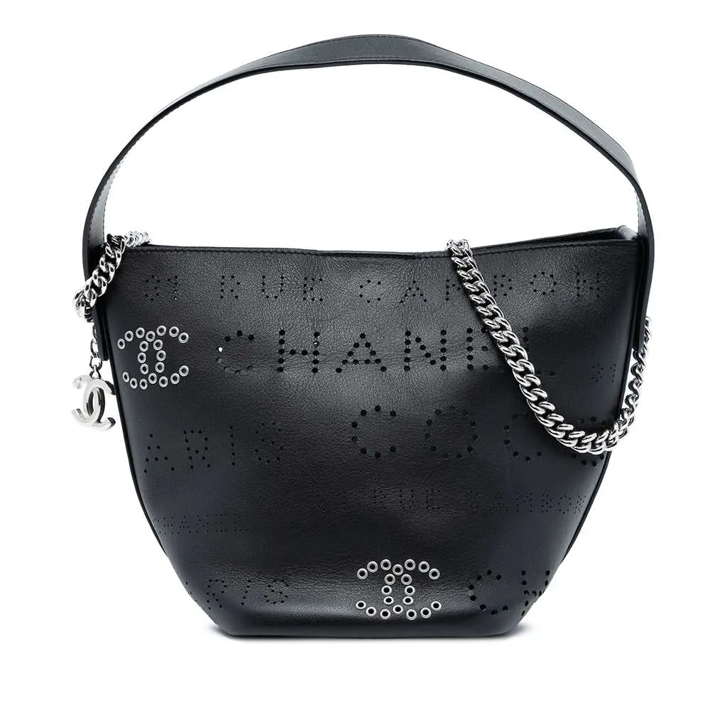 Chanel Small Perforated Calfskin Logo Eyelet Bucket Bag Black Leather Very good - Front View