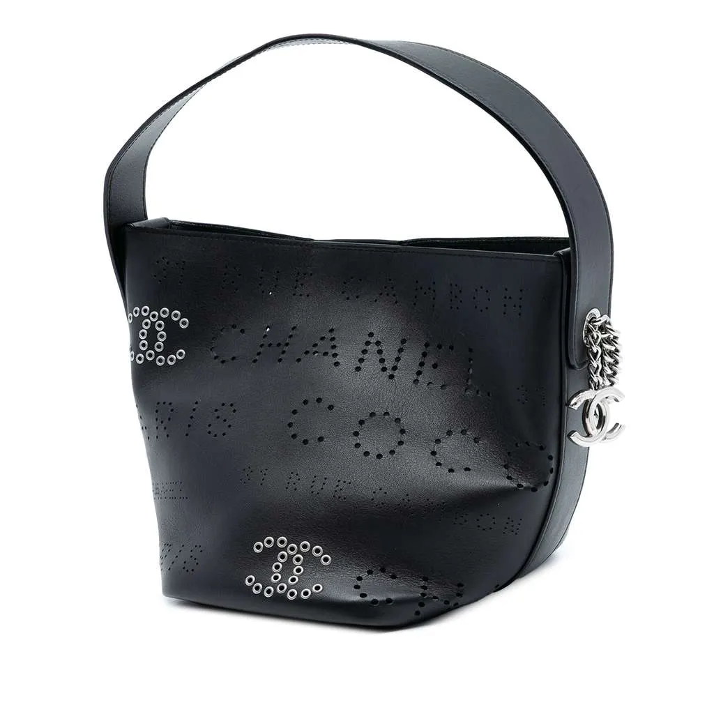 Chanel Small Perforated Calfskin Logo Eyelet Bucket Bag Black Leather Very good - Back View