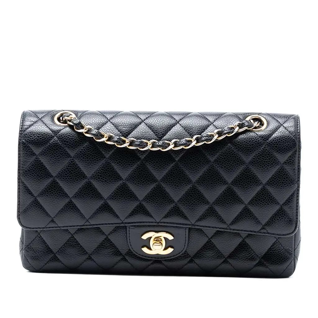 Chanel Medium Classic Caviar Double Flap Black Leather Good - Front View