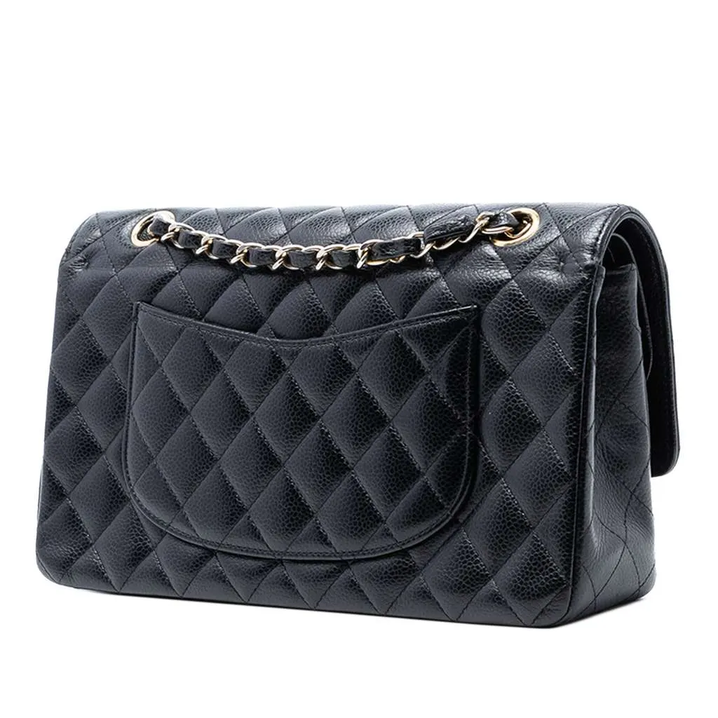 Chanel Medium Classic Caviar Double Flap Black Leather Good - Back View