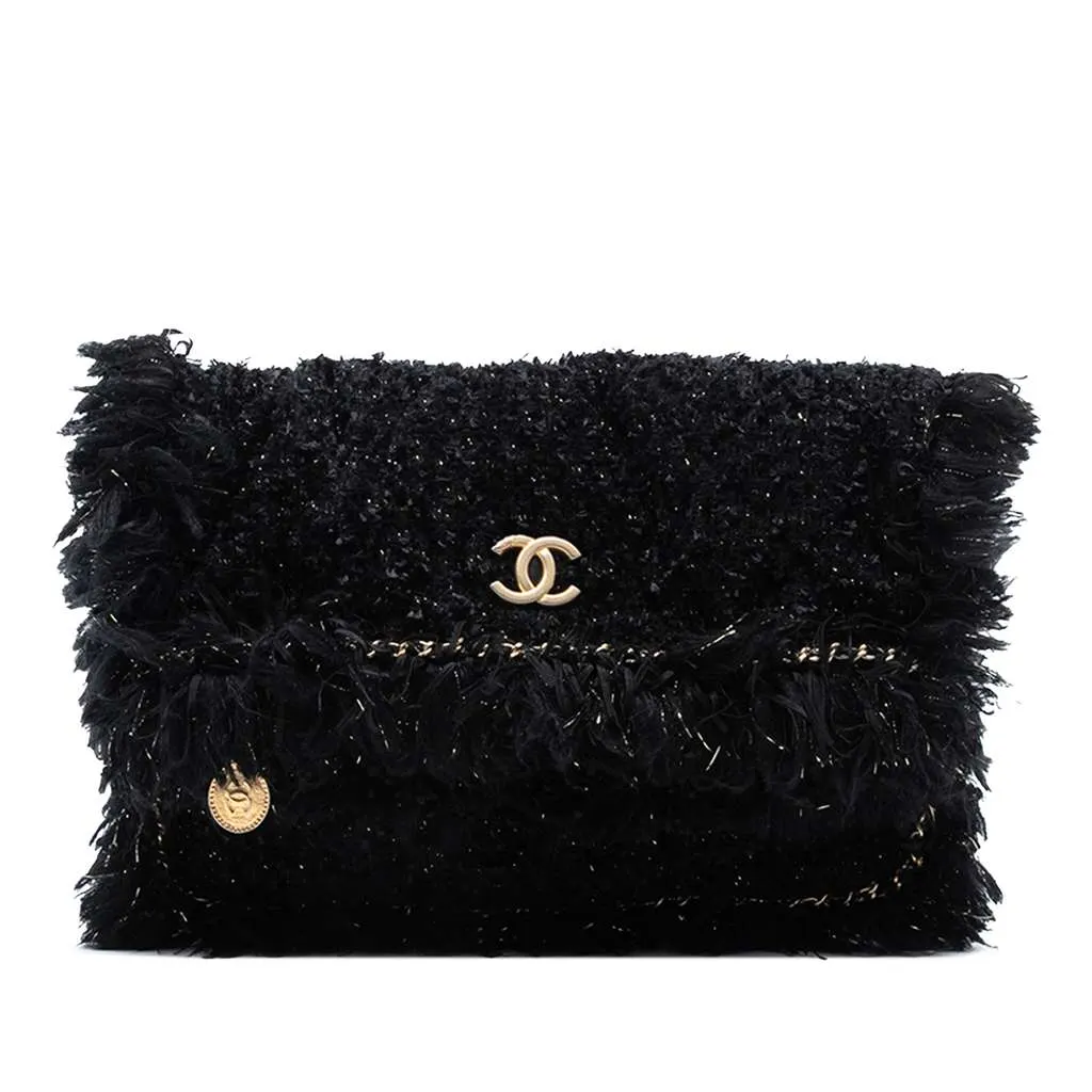 Chanel Paris Cosmopolite Tweed Fringe Clutch Black Tweed Good - Front View