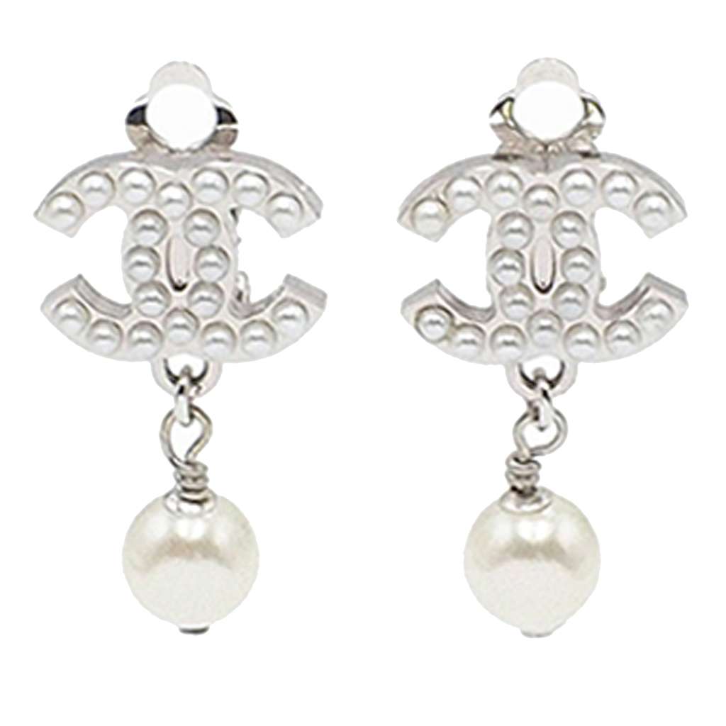 Chanel Silver Plated CC Faux Pearl Drop Clip On Earrings