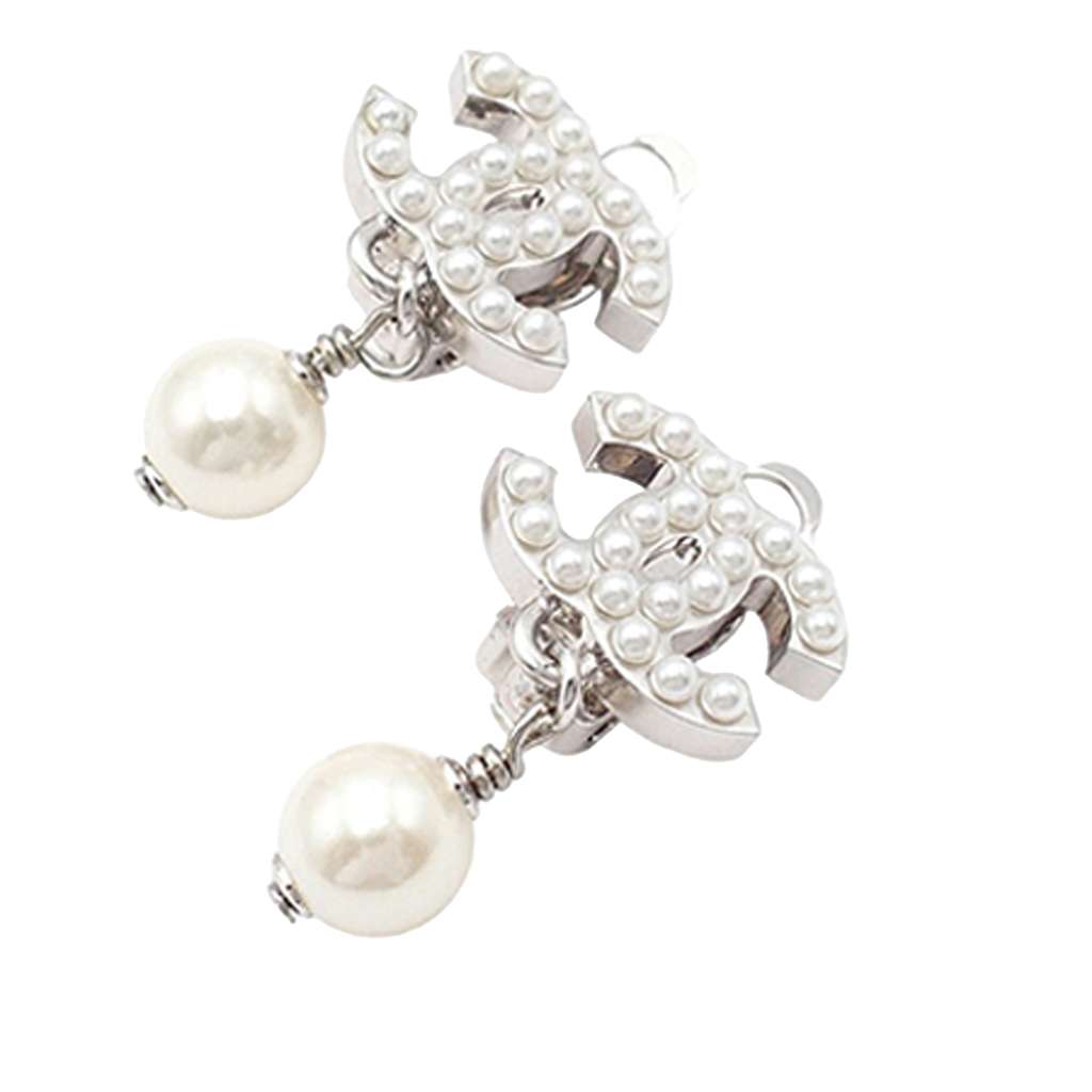 Chanel Silver Plated CC Faux Pearl Drop Clip On Earrings - 2