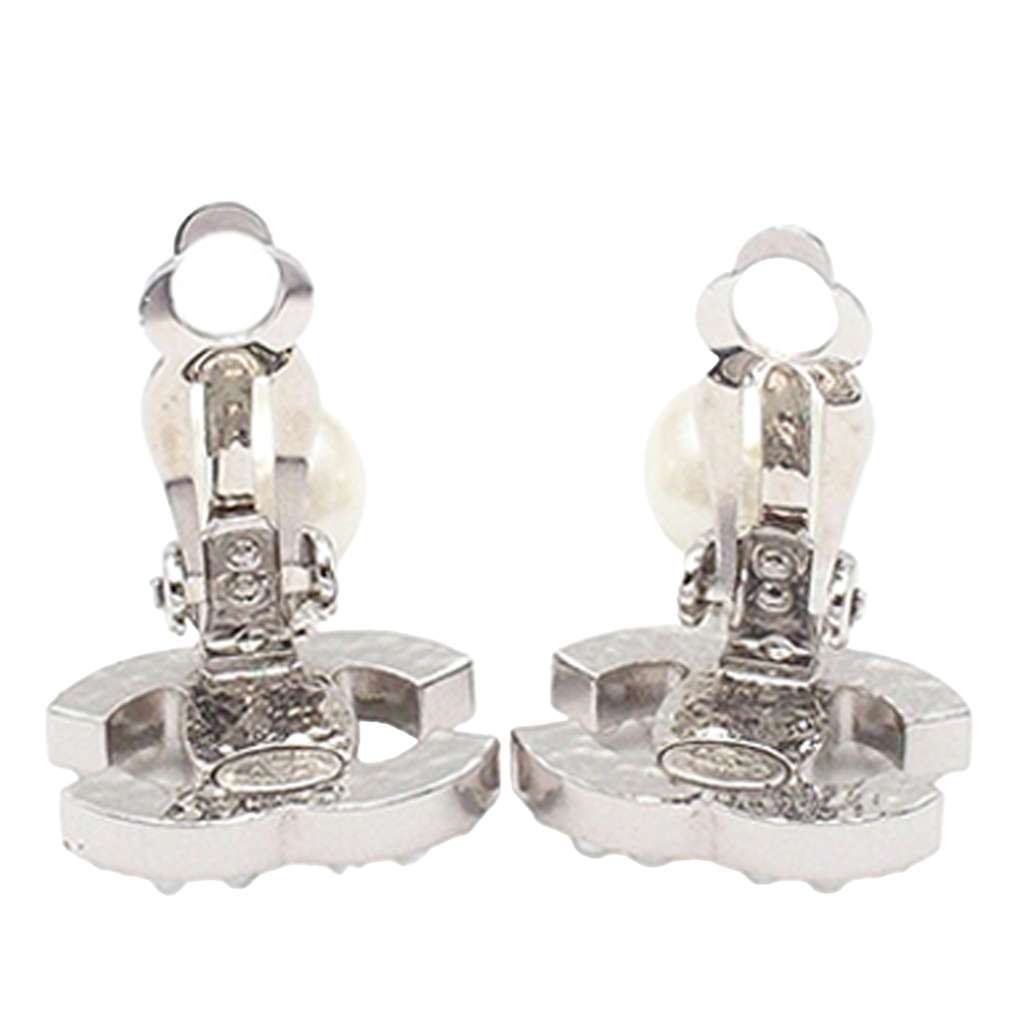 Chanel Silver Plated CC Faux Pearl Drop Clip On Earrings - 3