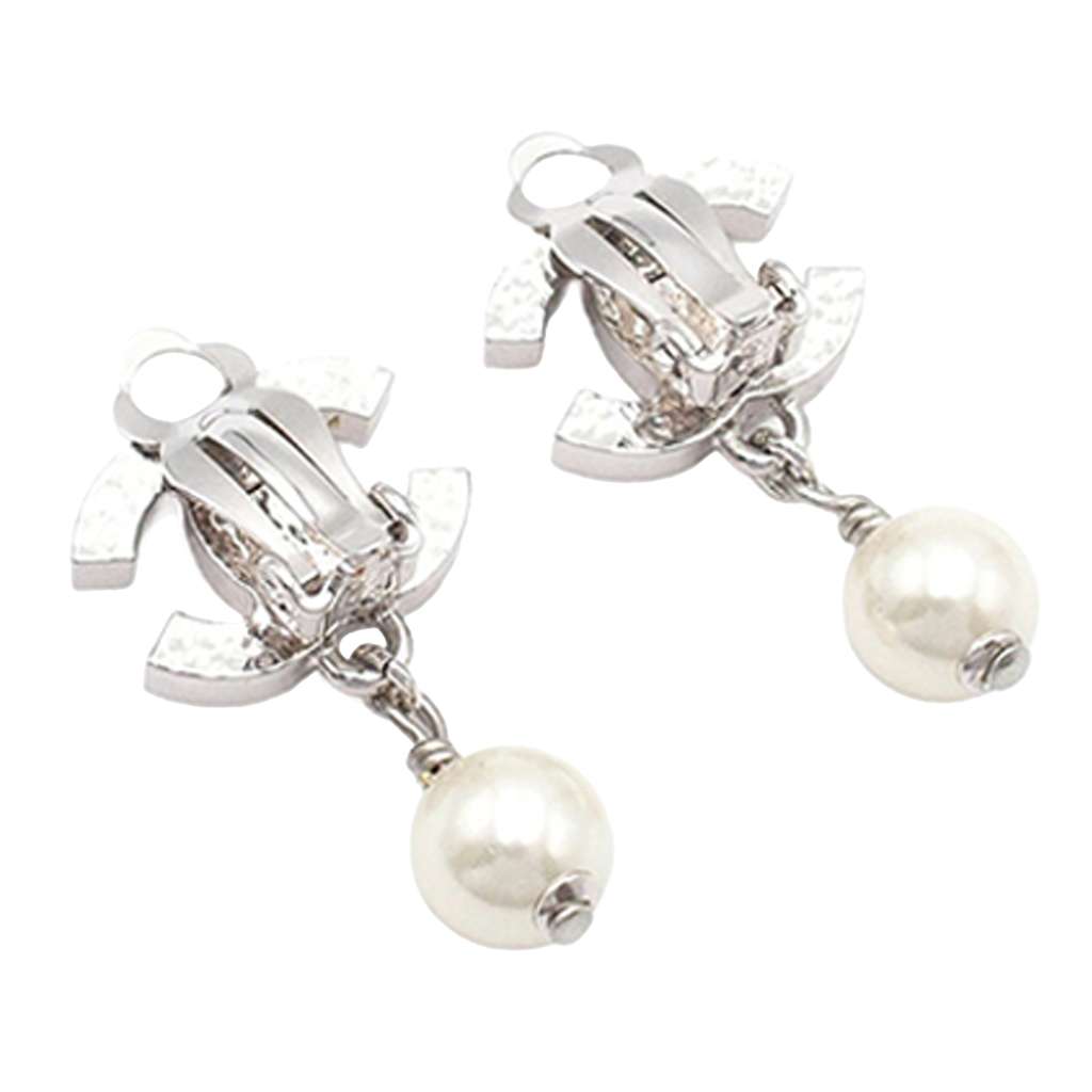 Chanel Silver Plated CC Faux Pearl Drop Clip On Earrings - 4