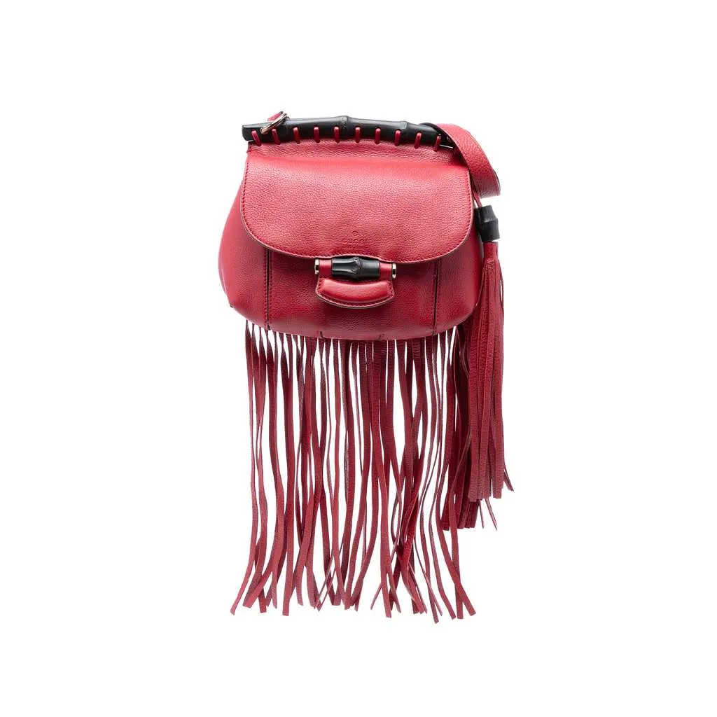 Gucci Small Leather Bamboo Nouveau Fringe Crossbody Red Leather Very good - Front View